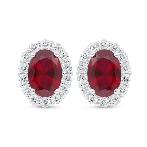 [EAR01RUB00WCZD038] Sterling Silver 925 Earring Rhodium Plated Embedded With Ruby Corundum And White Zircon