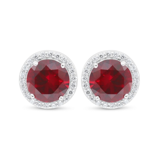 [EAR01RUB00WCZD040] Sterling Silver 925 Earring Rhodium Plated Embedded With Ruby Corundum And White Zircon