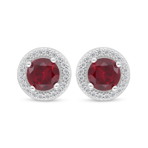 [EAR01RUB00WCZD041] Sterling Silver 925 Earring Rhodium Plated Embedded With Ruby Corundum And White Zircon