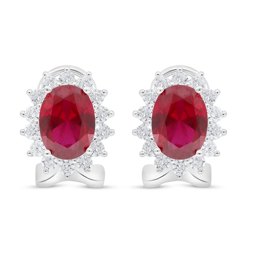[EAR01RUB00WCZD042] Sterling Silver 925 Earring Rhodium Plated Embedded With Ruby Corundum And White Zircon