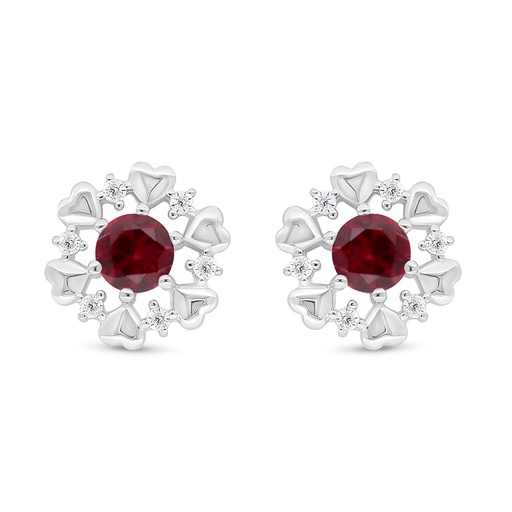 [EAR01RUB00WCZD053] Sterling Silver 925 Earring Rhodium Plated Embedded With Ruby Corundum And White Zircon