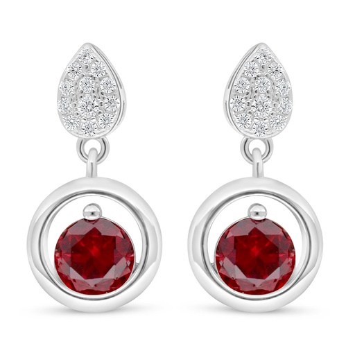 [EAR01RUB00WCZD057] Sterling Silver 925 Earring Rhodium Plated Embedded With Ruby Corundum And White Zircon