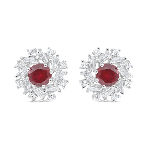 [EAR01RUB00WCZD058] Sterling Silver 925 Earring Rhodium Plated Embedded With Ruby Corundum And White Zircon