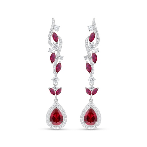 [EAR01RUB00WCZD062] Sterling Silver 925 Earring Rhodium Plated Embedded With Ruby Corundum And White Zircon