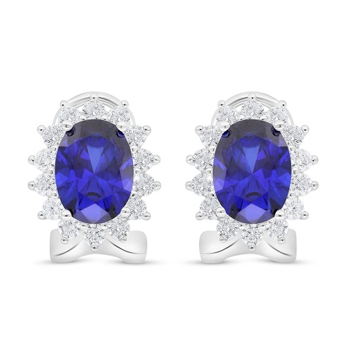 [EAR01SAP00WCZD042] Sterling Silver 925 Earring Rhodium Plated Embedded With Sapphire Corundum And White Zircon