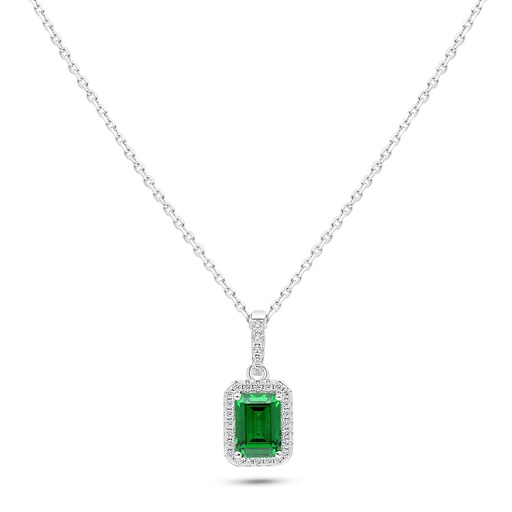 [NCL01EMR00WCZC103] Sterling Silver 925 Necklace Rhodium Plated Embedded With Emerald Zircon And White Zircon
