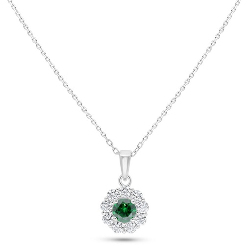[NCL01EMR00WCZC114] Sterling Silver 925 Necklace Rhodium Plated Embedded With Emerald Zircon And White Zircon