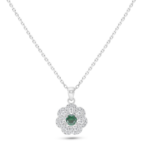 [NCL01EMR00WCZC115] Sterling Silver 925 Necklace Rhodium Plated Embedded With Emerald Zircon And White Zircon