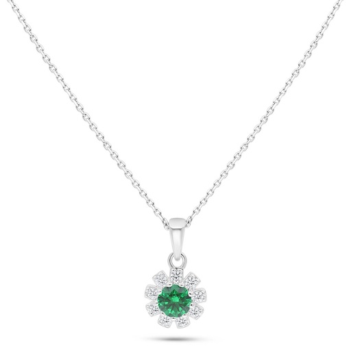 [NCL01EMR00WCZC116] Sterling Silver 925 Necklace Rhodium Plated Embedded With Emerald Zircon And White Zircon