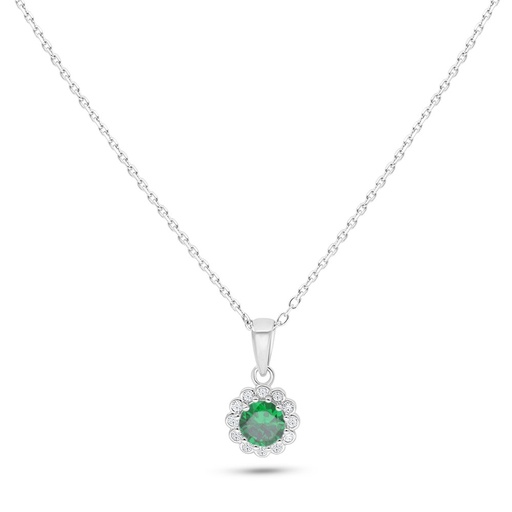 [NCL01EMR00WCZC118] Sterling Silver 925 Necklace Rhodium Plated Embedded With Emerald Zircon And White Zircon