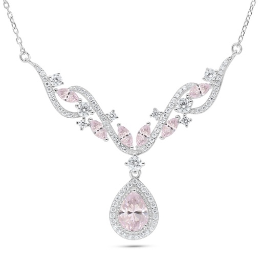 [NCL01PIK00WCZC135] Sterling Silver 925 Necklace Rhodium Plated Embedded With Pink Zircon And White Zircon