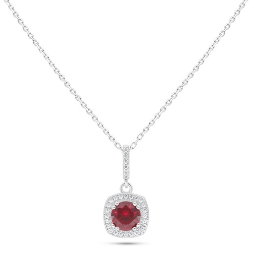[NCL01RUB00WCZC107] Sterling Silver 925 Necklace Rhodium Plated Embedded With Ruby Corundum And White Zircon