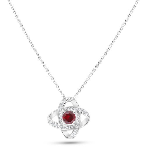 [NCL01RUB00WCZC108] Sterling Silver 925 Necklace Rhodium Plated Embedded With Ruby Corundum And White Zircon