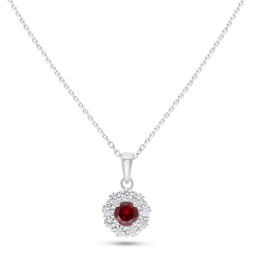 [NCL01RUB00WCZC114] Sterling Silver 925 Necklace Rhodium Plated Embedded With Ruby Corundum And White Zircon