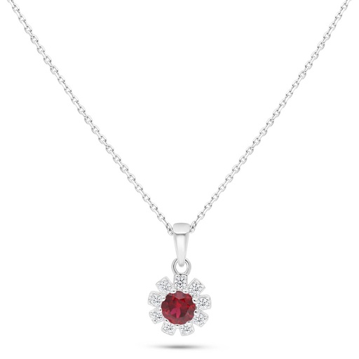 [NCL01RUB00WCZC116] Sterling Silver 925 Necklace Rhodium Plated Embedded With Ruby Corundum And White Zircon