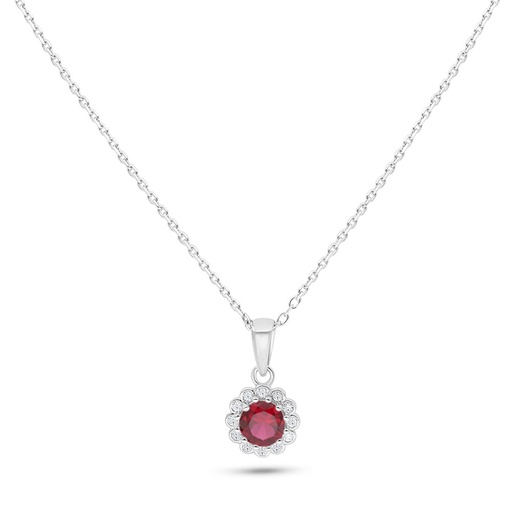 [NCL01RUB00WCZC118] Sterling Silver 925 Necklace Rhodium Plated Embedded With Ruby Corundum And White Zircon