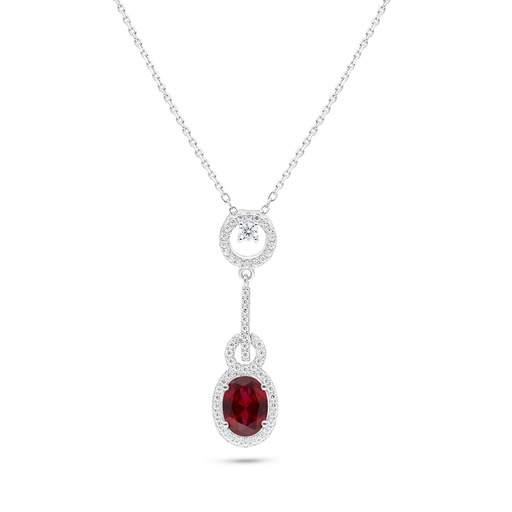 [NCL01RUB00WCZC119] Sterling Silver 925 Necklace Rhodium Plated Embedded With Ruby Corundum And White Zircon