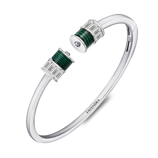 [BNG01MAL00WCZA105] Sterling Silver 925 Bangle Rhodium Plated Embedded With Malachite And White Zircon