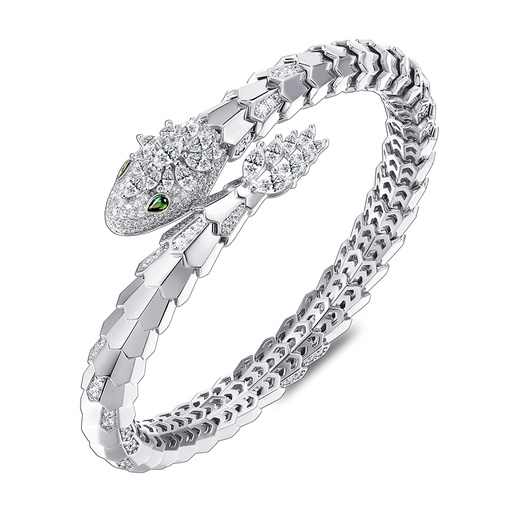 [BNG01EMR00WCZA107] Sterling Silver 925 Bangle Rhodium Plated Embedded With Emerald Zircon And White Zircon