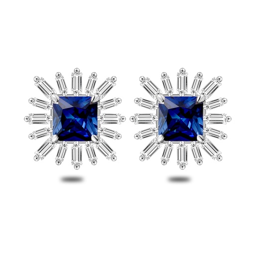 [EAR01SAP00WCZC554] Sterling Silver 925 Earring Rhodium Plated Embedded With Sapphire Corundum And White Zircon