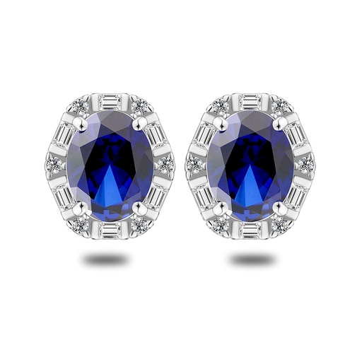 [EAR01SAP00WCZC556] Sterling Silver 925 Earring Rhodium Plated Embedded With Sapphire Corundum And White Zircon