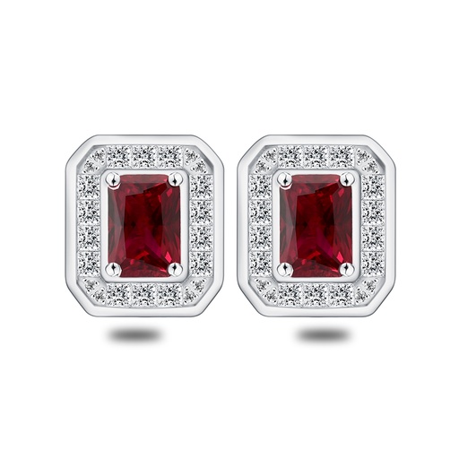 [EAR01RUB00WCZC559] Sterling Silver 925 Earring Rhodium Plated Embedded With Ruby Corundum And White Zircon