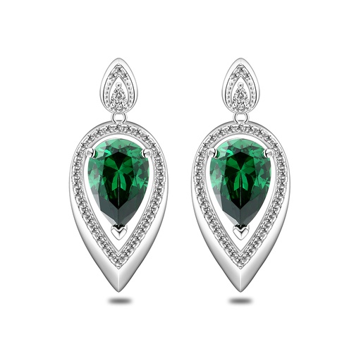 [EAR01EMR00WCZC561] Sterling Silver 925 Earring Rhodium Plated Embedded With Emerald Zircon And White Zircon