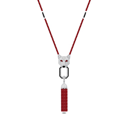 [NCL01RUB00WCZB668] Sterling Silver 925 Necklace Rhodium Plated Embedded With Ruby Corundum And White Zircon