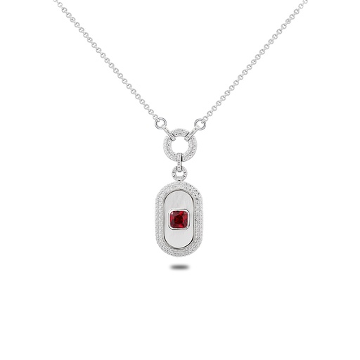 [NCL01RUB00MOPB689] Sterling Silver 925 Necklace Rhodium Plated Embedded With White Shell And Ruby Corundum And White Zircon