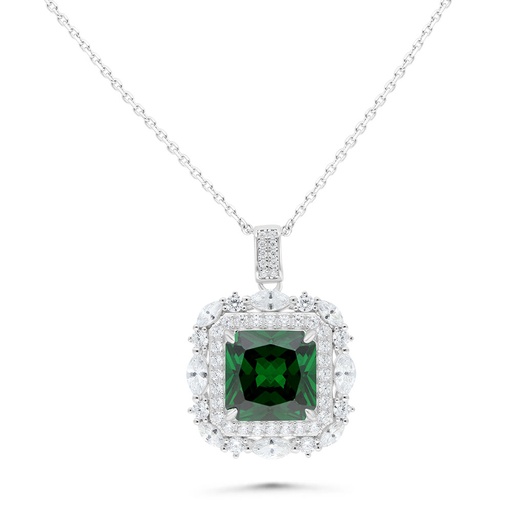 [NCL01EMR00WCZB666] Sterling Silver 925 Necklace Rhodium Plated Embedded With Emerald Zircon And White Zircon