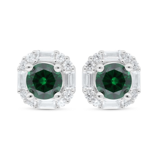[EAR01EMR00WCZC552] Sterling Silver 925 Earring Rhodium Plated Embedded With Emerald Zircon And White Zircon