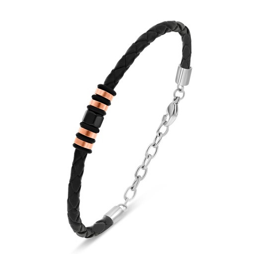 [BRC0900000000A235] Stainless Steel Bracelet 316L Silver And Black And Rose Gold Plated With Black Leather 