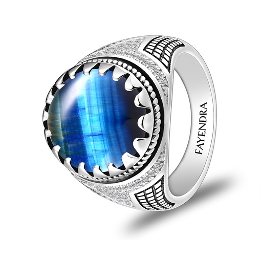 Sterling Silver 925 Ring Rhodium Plated Embedded With BLUE TIGER EYE And White CZ