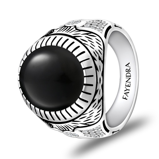 Sterling Silver 925 Ring Rhodium Plated Embedded With Black AGATE And White CZ