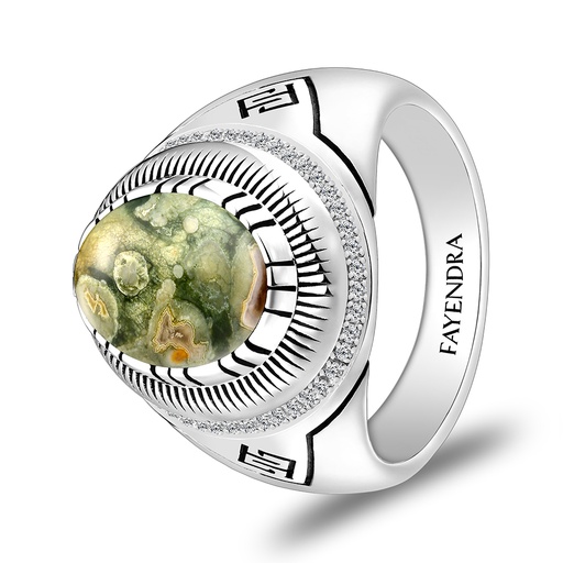 Sterling Silver 925 Ring Rhodium Plated Embedded With Royolite And White CZ