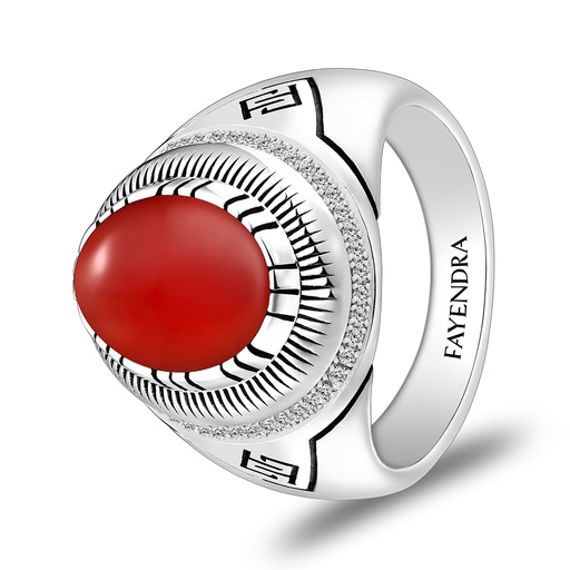 Sterling Silver 925 Ring Rhodium Plated Embedded With Red AGATE And White CZ