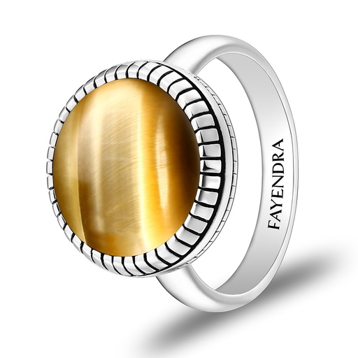 Sterling Silver 925 Ring Rhodium Plated Embedded With GOLD TIGER EYE