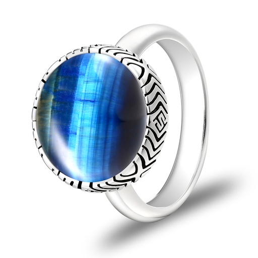 Sterling Silver 925 Ring Rhodium Plated Embedded With BLUE TIGER EYE