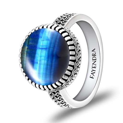 Sterling Silver 925 Ring Rhodium Plated Embedded With BLUE TIGER EYE