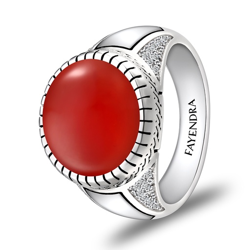 Sterling Silver 925 Ring Rhodium Plated Embedded With RED AGATE And White CZ