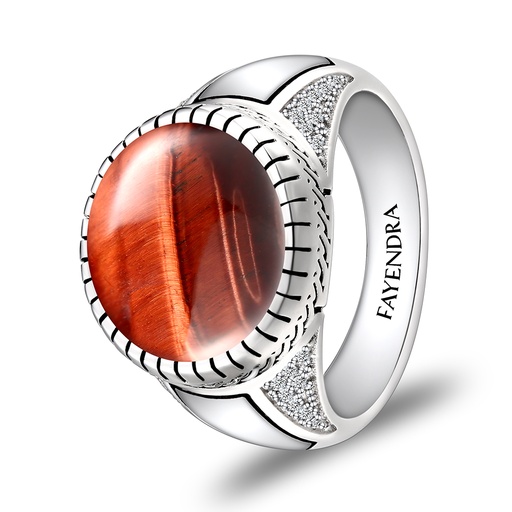 Sterling Silver 925 Ring Rhodium Plated Embedded With RED TIGER EYE And White CZ