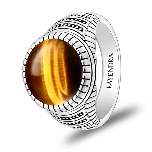 Sterling Silver 925 Ring Rhodium Plated Embedded With YELLOW TIGER EYE