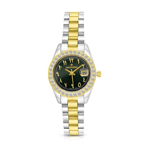 [WAT34WCZ00GRNW056] Stainless Steel 316 Watch Steel And Golden Color Embedded With White Zircon - GREEN DIAL