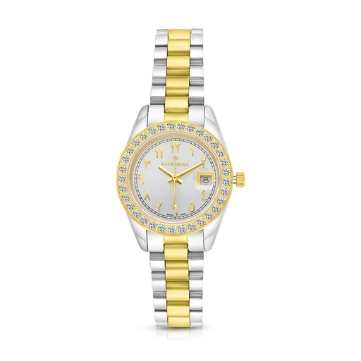 [WAT34WCZ00SILW056] Stainless Steel 316 Watch Steel And Golden Color Embedded With White Zircon - SILVER DIAL