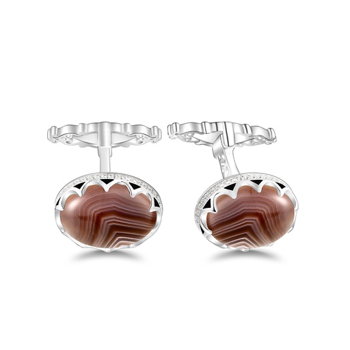 [CFL01BOT00WCZA245] Sterling Silver 925 Cufflink Rhodium Plated Embedded With Botswana Agate And White CZ