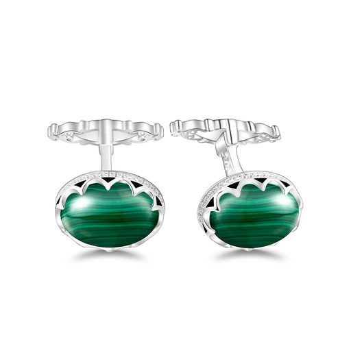[CFL01MAL00WCZA245] Sterling Silver 925 Cufflink Rhodium Plated Embedded With Malachite And White CZ