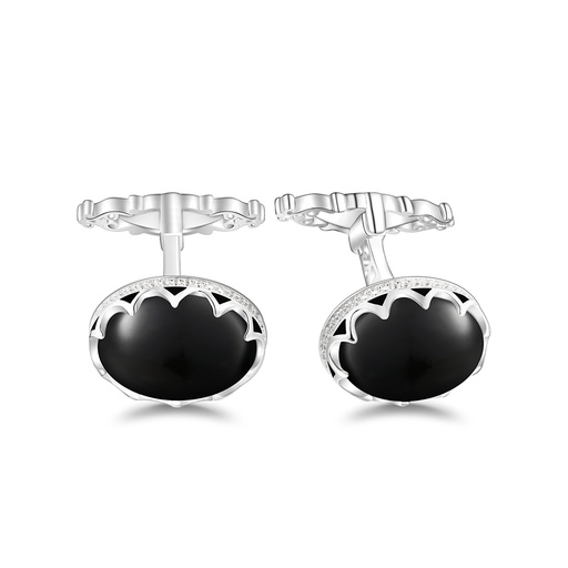 [CFL01ONX00WCZA245] Sterling Silver 925 Cufflink Rhodium Plated Embedded With Black Agate And White CZ