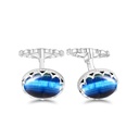 Sterling Silver 925 Cufflink Rhodium Plated Embedded With Blue Tiger Eye And White CZ