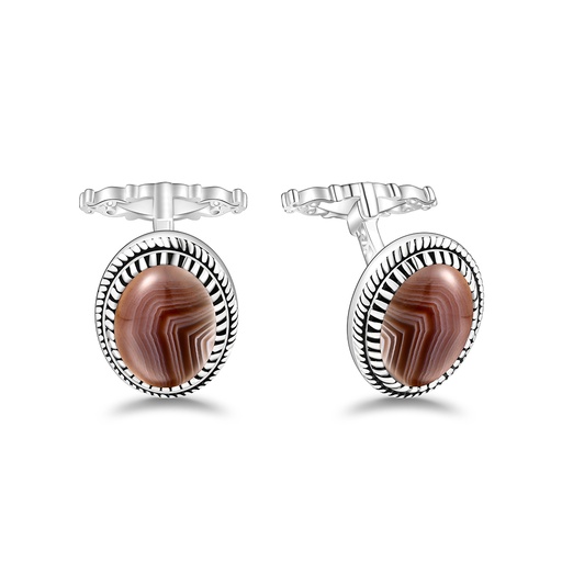 [CFL01BOT00000A249] Sterling Silver 925 Cufflink Rhodium Plated Embedded With Botswana Agate