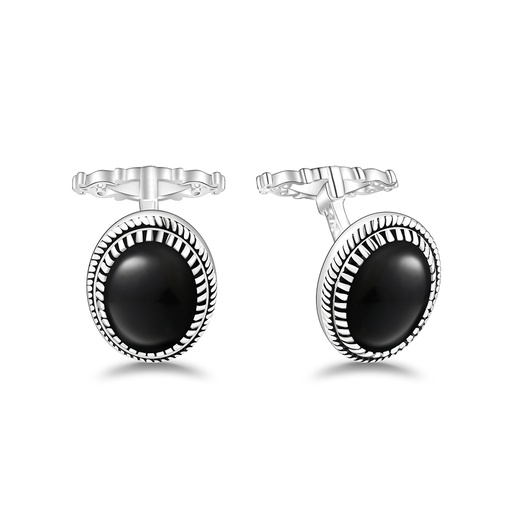 [CFL01ONX00000A249] Sterling Silver 925 Cufflink Rhodium Plated Embedded With Black Agate